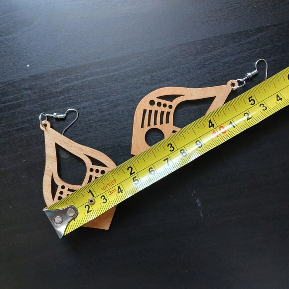 Laser cut wood dangle earrings 3.5" L x 3" W fish hook lightweight teardrop boho - Picture 7 of 8